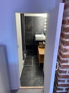 La petite salle de bains est pourvue d'un lavabo et d'un miroir. dans l'établissement Le TI WI studio en plein cœur du vieux bassin, à Honfleur