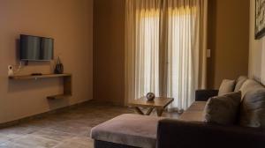 a living room with a couch and a tv at Kedros Chalet in Áyios Dhimítrios