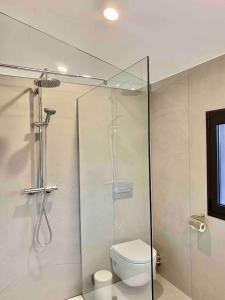 a bathroom with a glass shower with a toilet at Àtic panoràmic a La Seu d'Urgell in La Seu d'Urgell