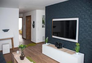 sala de estar con TV de pantalla plana grande en la pared en Hochwertige und moderne Ferienwohnung Huber en Neuweiler