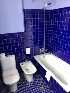 een blauw betegelde badkamer met een toilet en een bad bij Hotel Fonte do Fraile in Malpica
