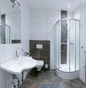 Un baño con lavabo, ducha e inodoro. en Deluxe Apartment SCHRABERGER, en Schladming
