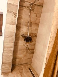 La salle de bains est pourvue d'une douche et d'un mur en bois. dans l'établissement Vila Nona Apartment, à Sibiu