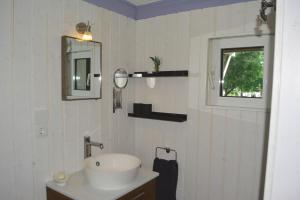 ein Bad mit einem Waschbecken, einem Spiegel und einem Fenster in der Unterkunft Ferienhaus Grafenland in Dersum