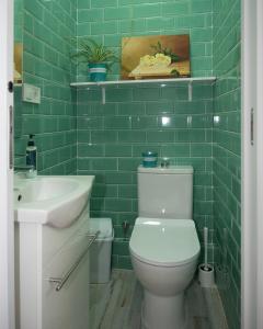 マラガにあるMálaga Casco Históricoの緑のタイル張りのバスルーム(トイレ、シンク付)