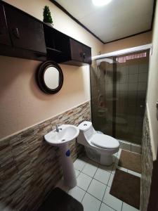 a bathroom with a toilet and a sink and a shower at Toucan Hostel in Alajuela City