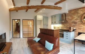 a living room with a brown leather couch in a kitchen at Casa Filomena apartamento de diseño en St. Joan de les Abadesses in Sant Joan de les Abadesses