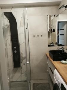 a shower with a glass door in a bathroom at Apartament Stok o krok in Stronie Śląskie