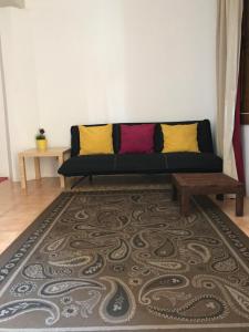 sala de estar con sofá negro y almohadas coloridas en Casas Botelho Elias en Pinhão