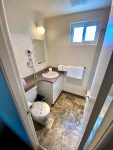 a small bathroom with a toilet and a sink at Silver Star Motel in Vernon