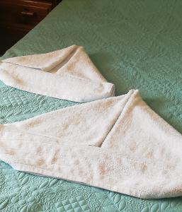 two towels are sitting on a green bed at Salvanos Residence in Ipsos