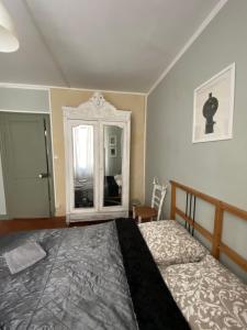 1 dormitorio con 1 cama grande y espejo en Temps de voyage, centre d'Orléans, en Orléans