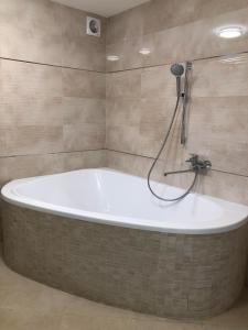 a bath tub in a bathroom with a shower at Comfy Retreat on Kotsubinsky street in Vinnytsya +11 photos
