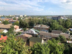 an overhead view of a city with houses and trees at Comfy Retreat on Kotsubinsky street in Vinnytsya