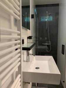 uma casa de banho branca com um lavatório e um chuveiro em De Wollige Hooglander: in comfort middenin natuur em Otterlo