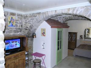 ロルグにあるAtypique-ancienne grange de 48 m²の石壁のリビングルーム(テレビ付)