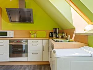 a kitchen with white cabinets and a green ceiling at Apartment with garden view in the Erzgebirge in Pöhla