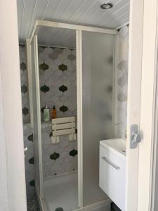 een badkamer met een douche en een wastafel bij INTERLUDE omaha beach 50 m de la plage in Saint-Laurent-sur-Mer