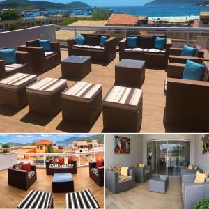 two pictures of a living room with couches at Mirante dos Anjos Suítes in Arraial do Cabo