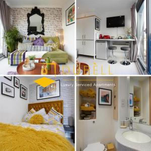 a collage of three pictures of a bedroom at BEST VALUE !!! - The Cakide, Dubell Serviced Apartments Leeds, Up to 2 Guests, Ample Street Parking, Wifi & Netflix in Leeds
