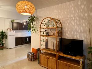 uma sala de estar com televisão e uma cozinha em Fat Cow Apartment 102 em Livadhia