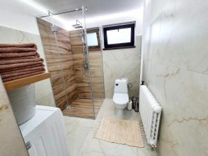 a bathroom with a toilet and a glass shower at U Mlynára in Ružomberok