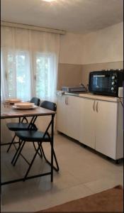 a kitchen with a table and chairs and a microwave at Una Rosa Hostel in Bihać