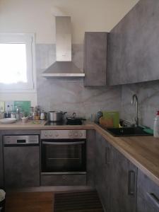 a kitchen with a stove and a sink at Central Jungle Balcony Suite in Heraklio Town