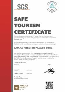 een poster voor een veilig toerismecertificaat in een Amerikaanse premier palace olie bij Juju Premier Palace Hotel Ex Amara Premier Palace in Beldibi