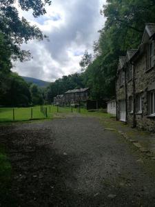 an empty road in a village with houses and trees at Kings in Dolgellau