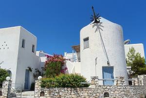 a white building with a palm tree on top of it at Teoria Paros - Matsas Windmill in Naousa