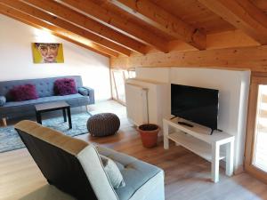 a living room with a couch and a television at LE MUSE Comano Terme Holiday 2, primo piano in Comano Terme