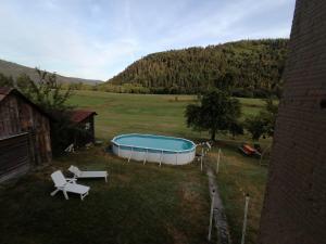 a pool in the middle of a field next to a house at Gite la Tourbiere in Fellering