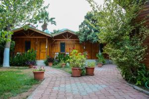 a brick walkway in front of a house with potted plants at Duran Bungalow in Adrasan