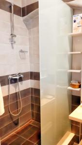 W łazience znajduje się prysznic ze szklanymi drzwiami. w obiekcie Maksimilian Osijek w mieście Osijek