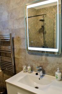 a bathroom with a sink and a mirror at Hostel PanGeea in Sibiu