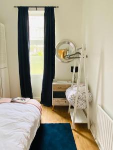 a bedroom with a bed and a mirror and a ladder at Lovingly Restored Victorian Apartment in Hastings in Hastings