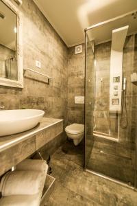 La salle de bains est pourvue d'un lavabo, de toilettes et d'une douche. dans l'établissement Casa Bella, à Hunedoara