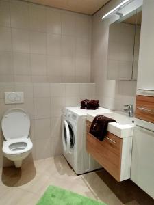 ein Badezimmer mit einer Waschmaschine und einer Waschmaschine in der Unterkunft Haus Valentina in Alpbach