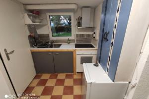 una pequeña cocina con fregadero y nevera. en Appartement 1 pièce entresol 30 m2 proche du centre et bain thermal, en Yverdon-les-Bains