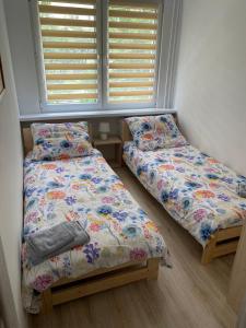 奧爾什丁的住宿－Stara Piekarnia - Apartament Dworcowa，一间卧室设有两张床和窗户。