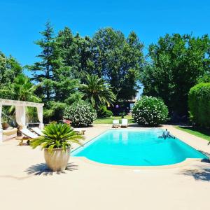 una piscina en un patio con árboles en Villa Vravrona Tower & Suites en Markópoulon