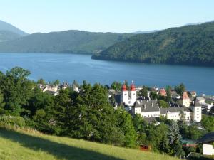 a town on a hill next to a body of water at Haus Elfriede in Millstatt