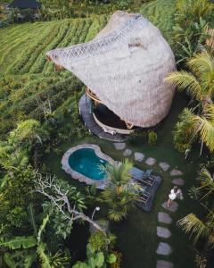 an aerial view of a hut with a swimming pool at Veluvana Bali in Sidemen