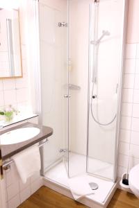 a shower with a glass door in a bathroom at Kloster Schöntal in Jagsthausen