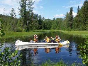 un grupo de personas en una canoa en un lago en Cozy Lodge and tiny lodge 5 pers., en Filipstad