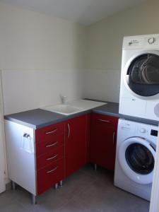 uma cozinha com uma máquina de lavar roupa e um lavatório em Home Bigarreaux em Le Mans