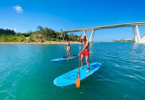 dos personas en tablas de surf de remo en el agua en The Blue Bamboo Hotel - Duna Parque Group, en Vila Nova de Milfontes