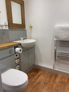 a bathroom with a white toilet and a sink at Newton Farmhouse in Whiteparish