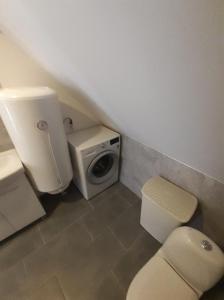 une petite salle de bains avec toilettes et lave-linge. dans l'établissement VĖJO16, à Biržai
